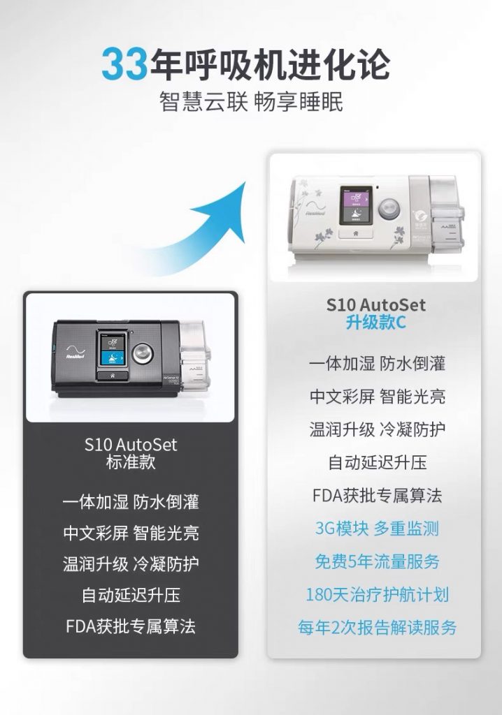原裝進口瑞思邁s10 autoset plus升級C+遠(yuǎn)程調試全自(zì)動聯網呼吸機(jī)